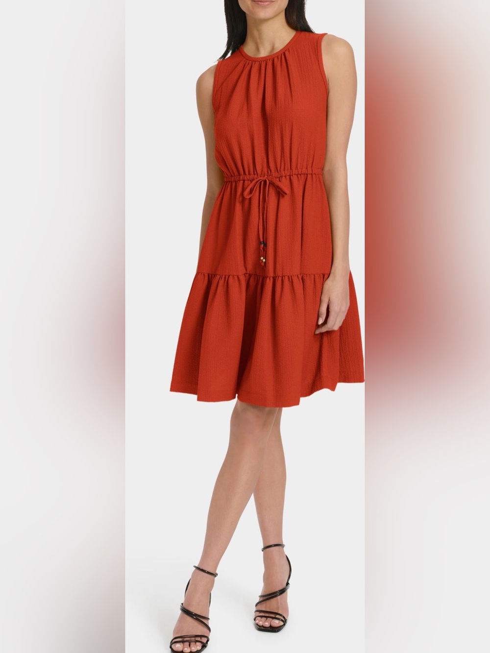 Calvin Klein Sleeveless Drawstring Waist Gauze Dress in Camel Brown